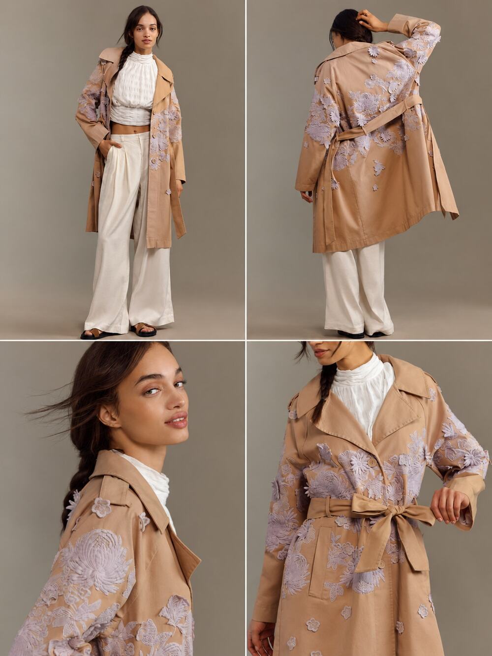 Anthropologie Cutwork Trench Coat XL Floral Applique Oversized Boho Romantic EUC